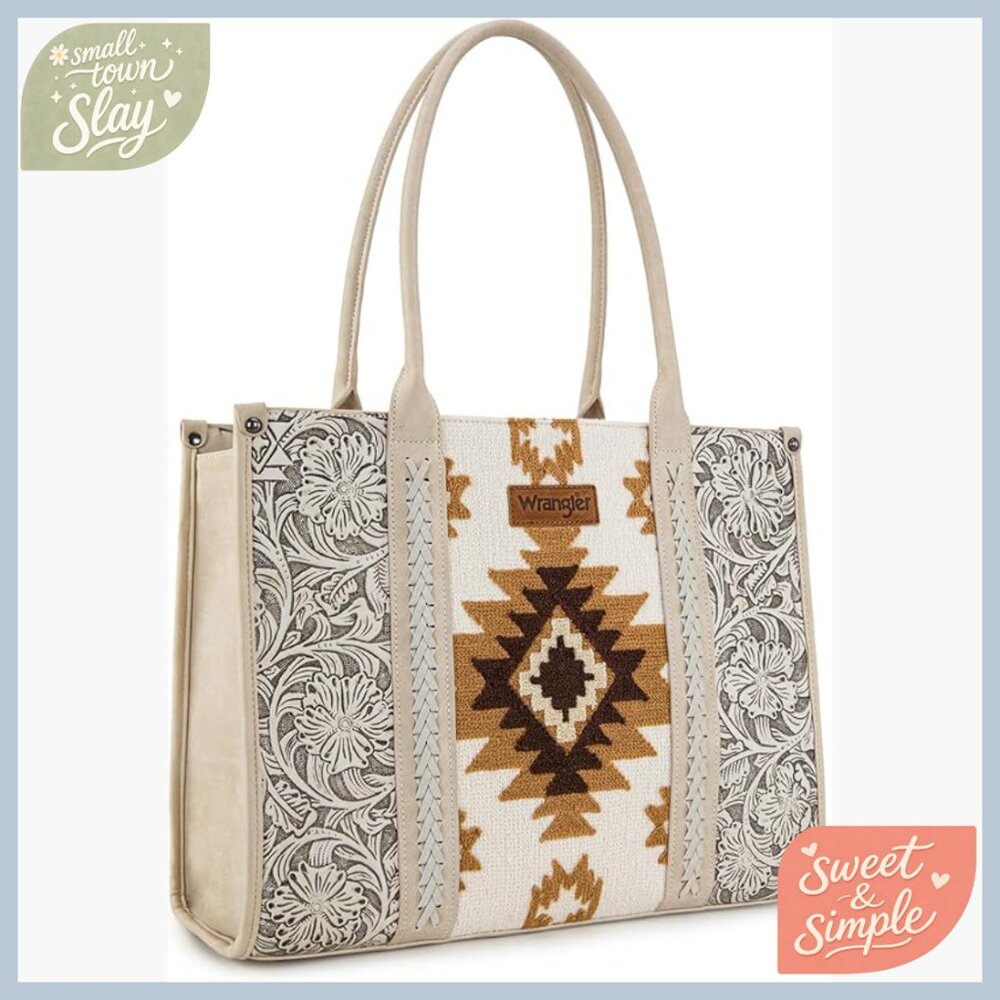 Large Genuine Leather Tote Bag with Western Aztec Pattern and Top Zipper Closure
